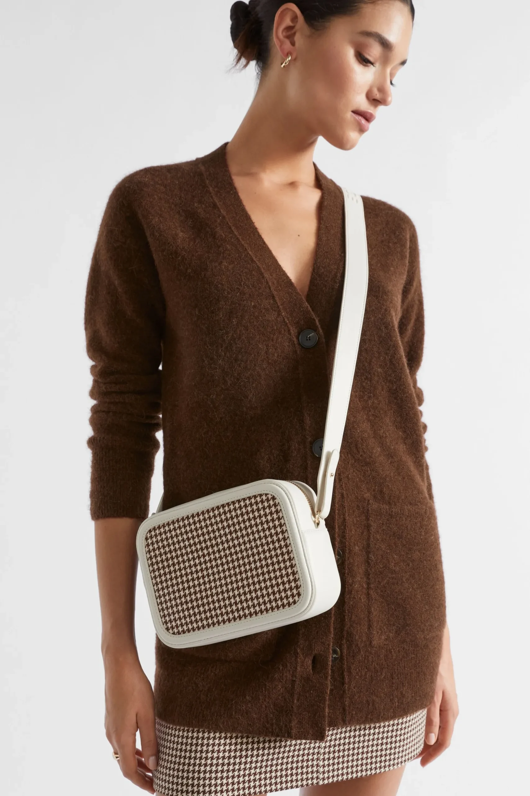 Seed Heritage Cross Body-Textured Logo Crossbody Bag Hot Chocolate Houndstooth