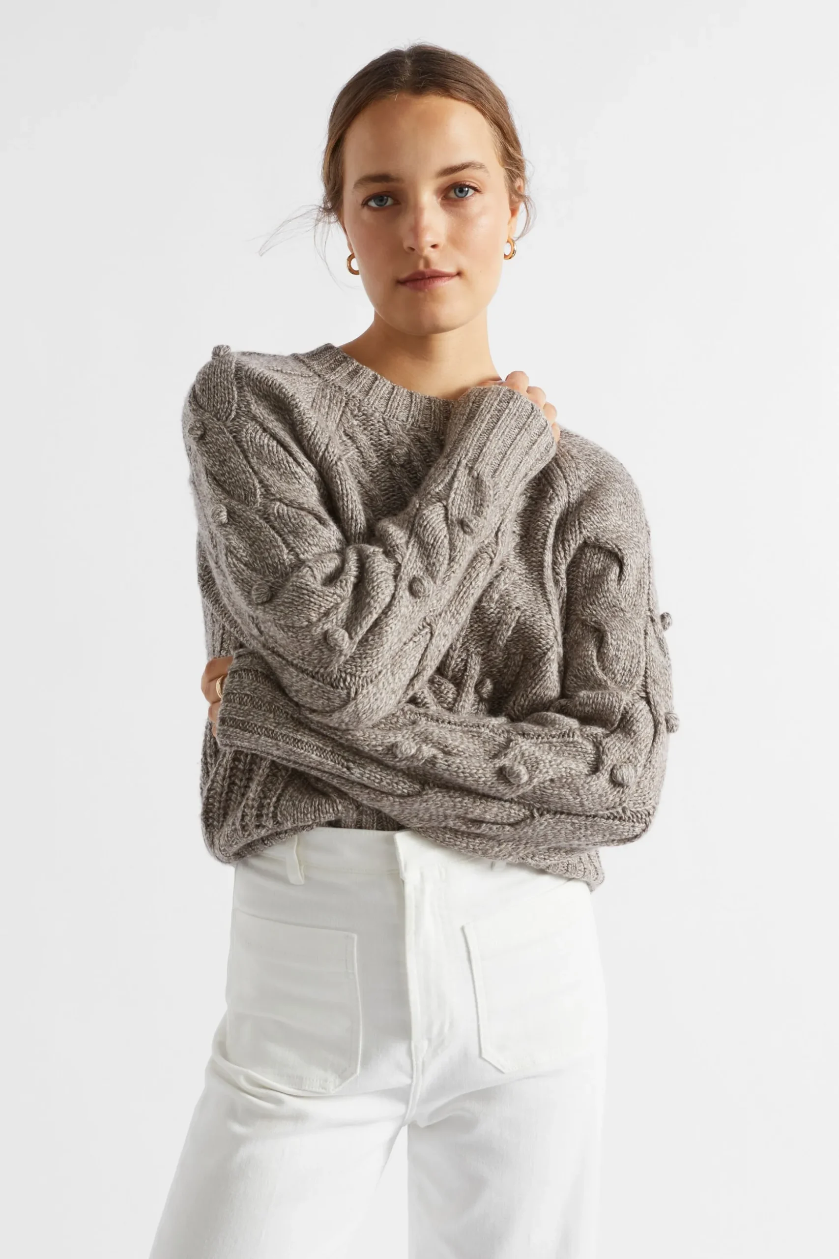 Seed Heritage Knitwear & Sweaters-Twist Pom Pom Cable Knit Hazel Vanilla Twist
