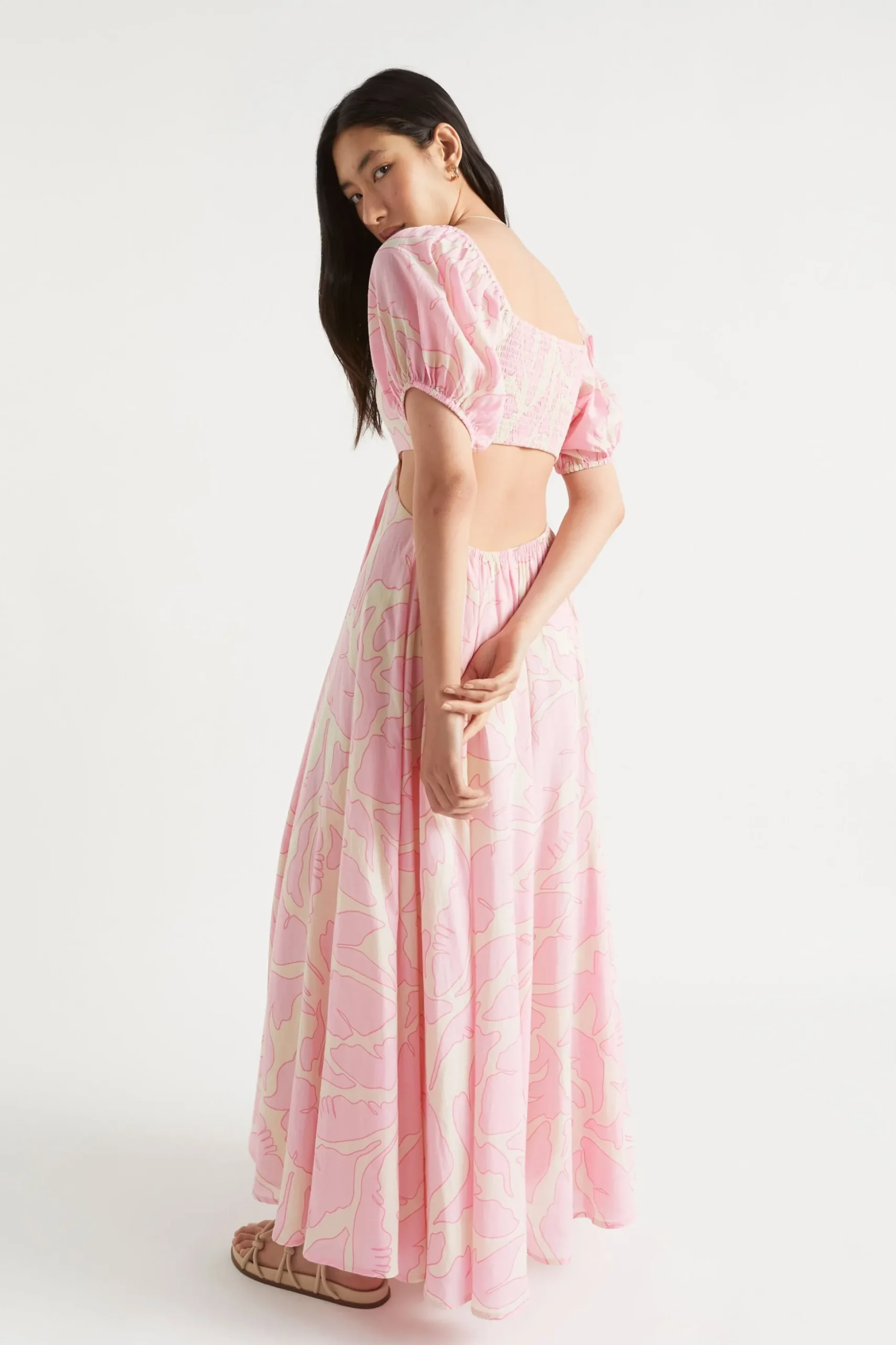 Seed Heritage Dresses-Voile Floral Off Shoulder Maxi Dress Soft Orchid Floral