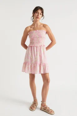 Seed Heritage Dresses-Voile Floral Shirred Mini Dress Soft Orchid Floral
