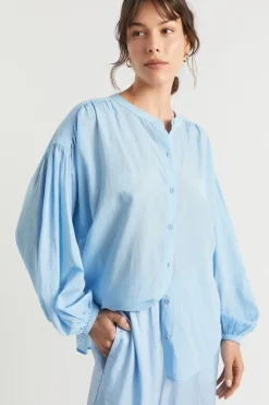 Seed Heritage T-Shirts & Tops-Voile Gathered Shirt Bluebell